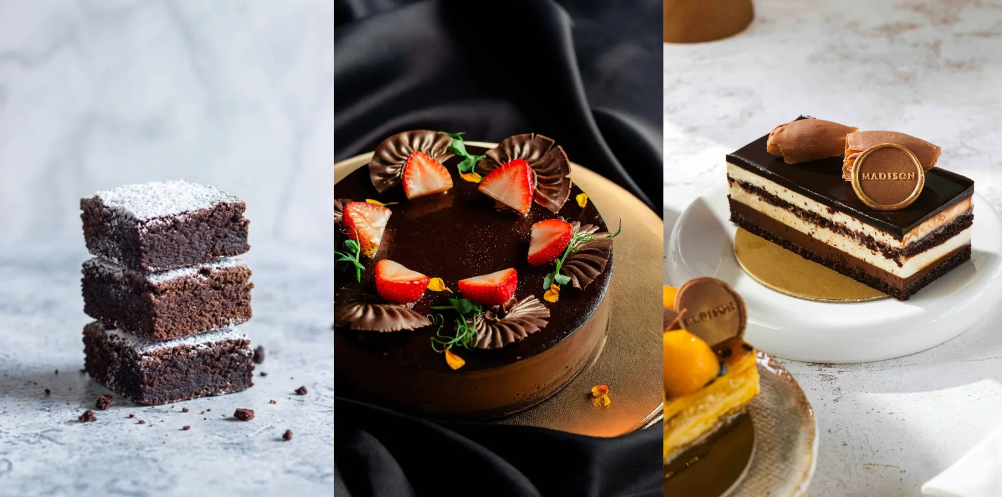 マリオット・カフェの「バシュール・ブラウニー」、ヤワラギの「トリプルチョコレート・チーズケーキ」、そしてマディソン・ラウンジ＆バーの「バリスタ・ミニケーキ」
